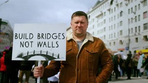 Man Hold Build Bridges Not Walls Banner Immigration Crisis Protest Immigrants