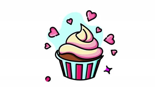 Animierter Sweet Love Cupcake: Eine entzückende Illustration eines rosa-weißen Cupcakes, der mit Herzen geschmückt ist