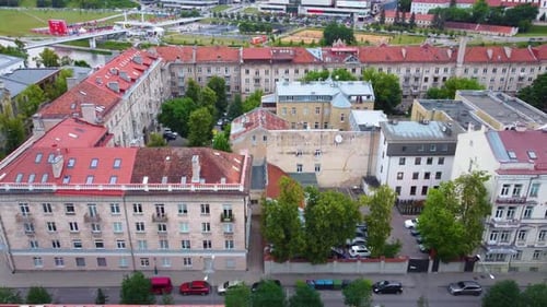 Panoramic aerial movement above the downtown Vilnius with skyscrapers, Lithuania.