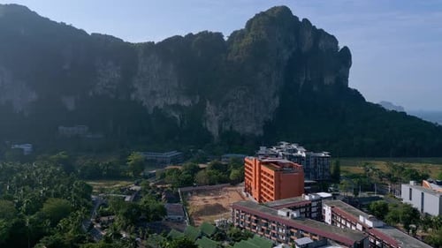 Majestic Krabi Karst Mountains In Ao Nang Holiday Beach Resort In Thailand. Aerial Shot