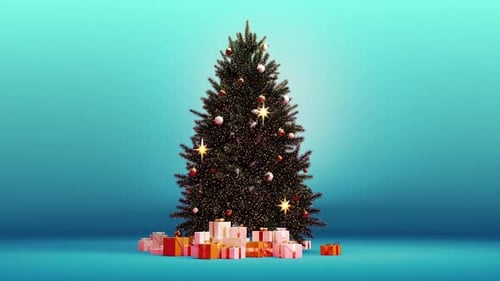 Lighted Christmas tree, variety of gifts, interior view. 1080p Resolution