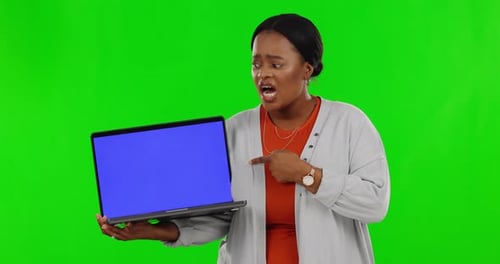 Shocked, pointing and laptop with black woman on green screen for website, 404 glitch and mockup
