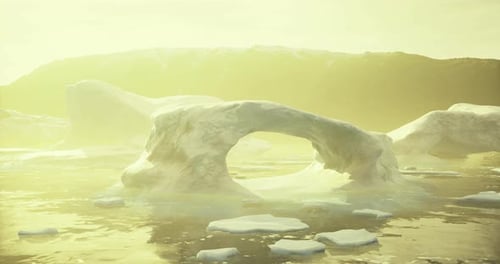 Floating Iceberg Arch in Golden Arctic Water