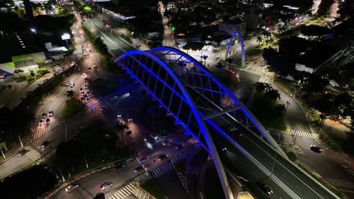 Suspension Bridge At Downtown Osasco In Sao Paulo Brazil. Freeway Road.