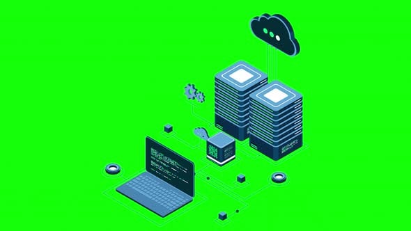 Isometric computer technology animation. Computation of big data center ...