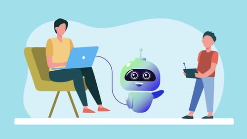 Père et fils jouant avec un robot, chatbot, ordinateur portable, animation pour enfants