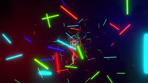Flying colorful laser glow particles in space. VJ loop animation. Dj visuals effects.
