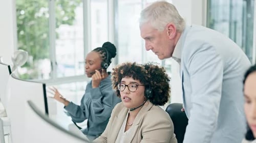 Call center, training and mentor with employee at desk, computer or office of customer serivce