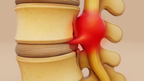 Conceptual 3D animation of a herniated disk in the lumbar spine