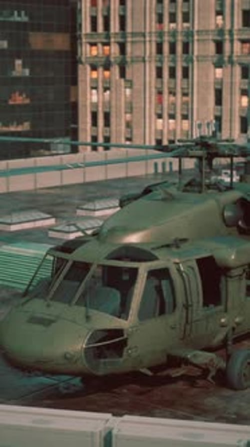 Military Helicopter in Big City