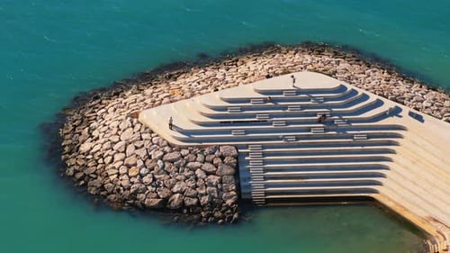 Aerial drone view of the Fish Tail Viewing Platform in Durres, Albania