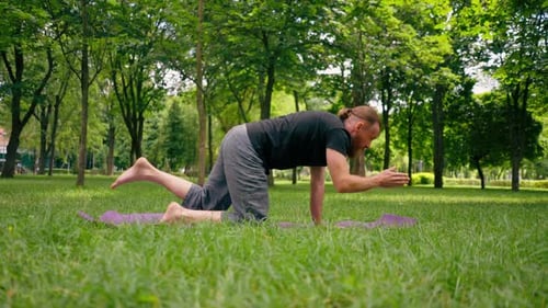gutaussehender bärtiger Mann meditiert im Park und praktiziert Yoga, macht Stretching und Übungen