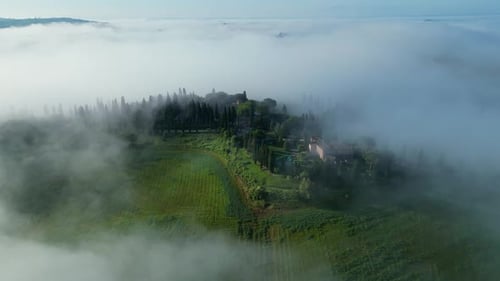 Scenic Rural Landscape Obscured by Fog, Aerial View