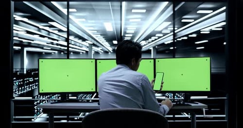Asian Male Programmer Looking At Green Screen Smartphone While Working On Green Screen Desktops