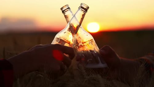 Close Up Two Human Hands Hold Each Transparent Glass Bottle Clink Glasses and Drink an Alcoholic