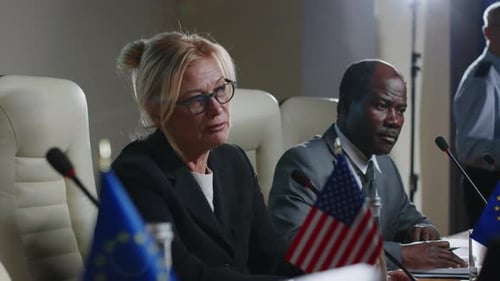 Female Politician Holding Speech on International Summit