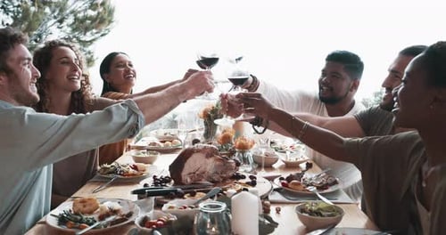 Smiling Friends Toasting Wine at Meal