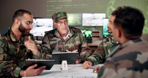 Serious Meeting Around Table With Multiple Monitors