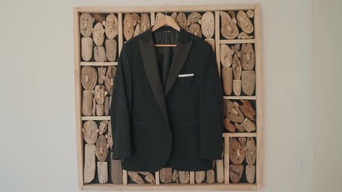 Groom's black tuxedo jacket hanging against driftwood decor