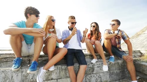Summer Vacation, Friendship, Street Life, Technology and People Concept - Group Of