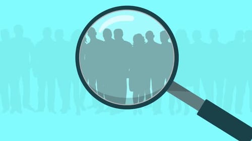 Animated Magnifying Glass Reveals Individual from Crowd in Flat Design