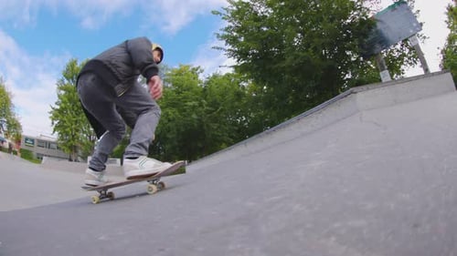 Skateboarder flip trick slow motion skatepark daytime
