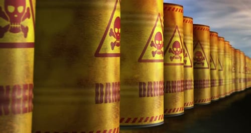 Danger warning with skull symbol barrels in row endless footage
