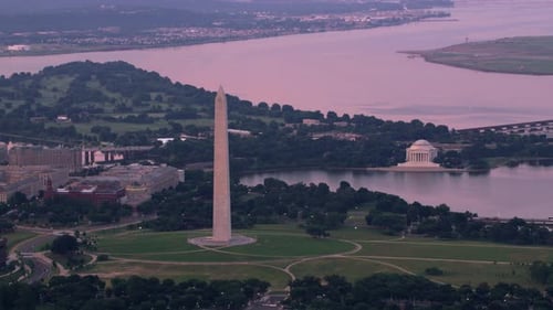 Washington dc aerial view over jefferson memorial and Washington monument at sunrise