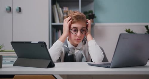 Niño cansado, inclinado con la cabeza, con anteojos., se prepara para los exámenes y busca un portátil