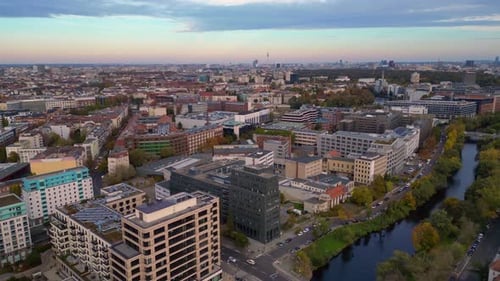Berlin cityscape with Spree river, Tv Tower. Nice aerial view flight drone
