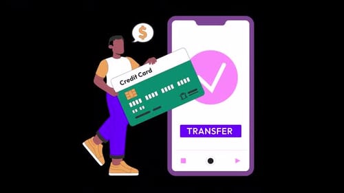 Flat Design Digital Money Transfer via Credit Card Animation