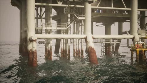 Rusty Old Oil Platform Rising Above Turbulent Waters in the Ocean at Dusk