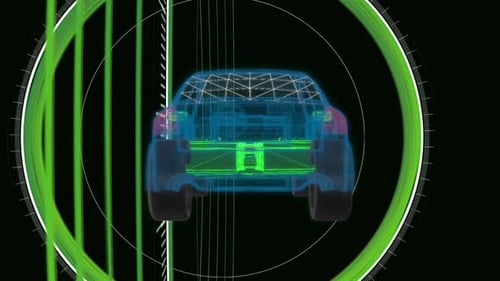 Futuristic car design concept with neon green and blue lines on black background