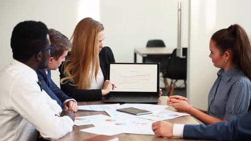 Business Team Meeting in Modern Office Discussing Data