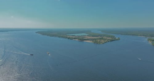 View From the Copter a Wide Blue River Boats and Steamboats Go Along the River