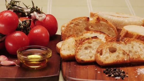Delicious Tapas Bread with Tomatoes Pasta with Olive Oil Closeup Bruschetta with Red Sauce Ketchup