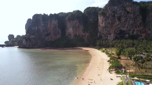 Drone Shot of Tonsai Beach in Railay Bay, Krabi Thailand, Sandy Shore and Limestone Cliffs