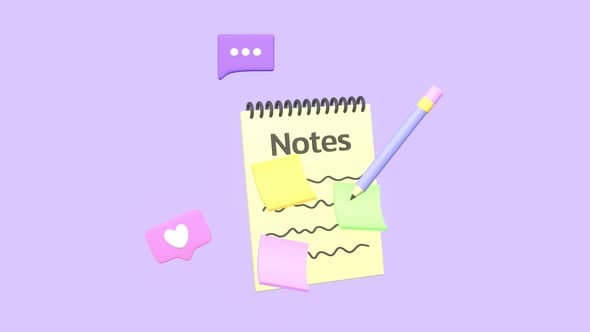 Animated note book with pencil, sticky notes, speech bubble and love ...