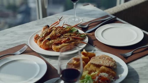 Luxury Food with City Skyline View Luxury Dinner on High Building