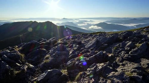 Sunrise in the Mountain Autumn Landscape Inverse Clouds Ripple in the Valley Below the Mountains