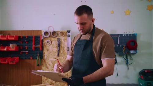 Carpenter Writing Notes on Clipboard in His Workshop