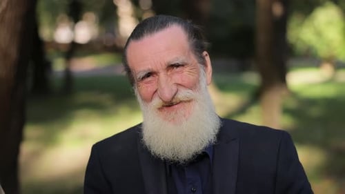Portrait of an Old Grayhaired Grandfather Sitting on a Bench on a Blurred Background