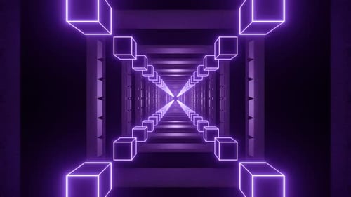 3D Loop Animation of Glowing Purple Cubes Tunnel Design
