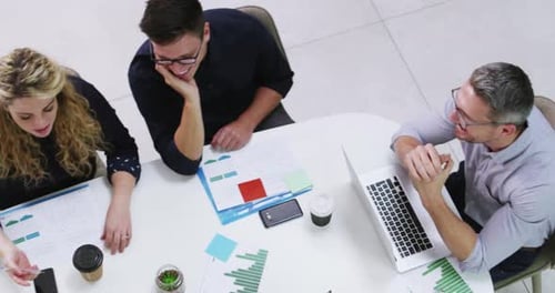 Business meeting, top view and people writing in office for planning, strategy or idea discussion