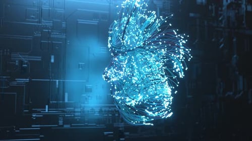 AI Concept and Big Data Concept with Digital Blue Human Face Profile Made From Neural Network on