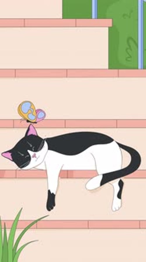 Sleeping tuxedo cat on outdoor steps with butterfly lofi vertical animation