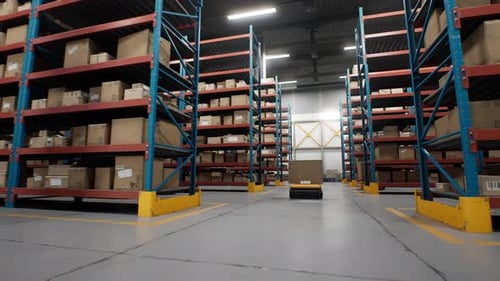 Logistics Distribution Center Automated Guided Vehicles Transporting Cardboard Boxes