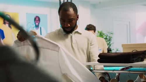 Man Shopping for Clothes in a Modern Boutique