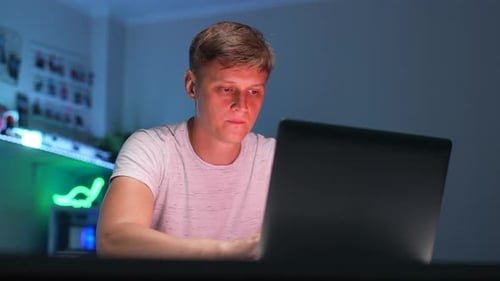 Lowangle View Portrait of Tired Freelancer Male Overworked Computer Laptop Work Massaging Dry