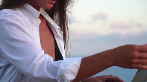 Woman Laptop Sea Working Remotely on Seashore Happy Successful Woman Female Freelancer Working on